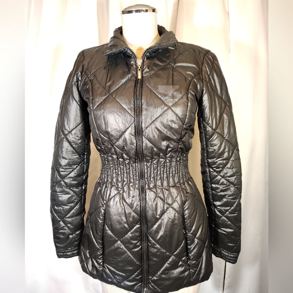 Guess Puffer Pea Coat, Women, Black Zipper Pckts, Leapard Print Lining,Collar,XS